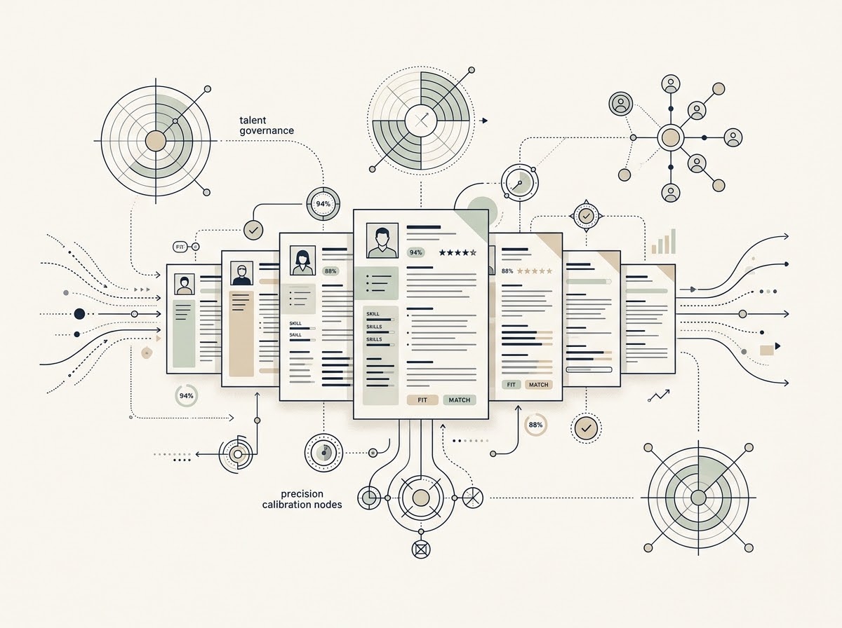 Technical schematic diagram of candidates evaluated through audit-calibrated pipeline with radial radar metrics and talent governance nodes